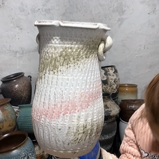 紫砂花盆口18高34，白泼墨耳环