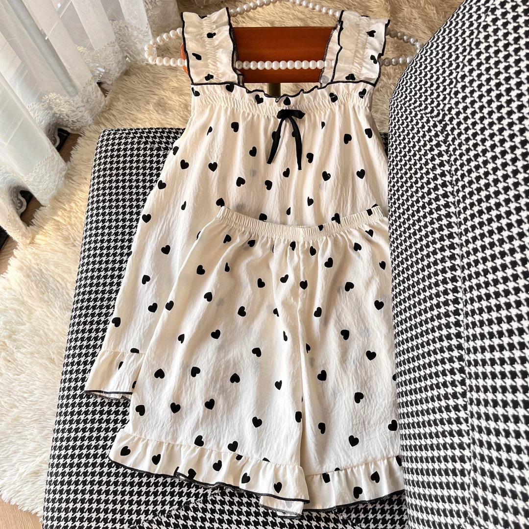 爱心少女夏季吊带睡衣两件套装女爆款2025新款带胸垫可外穿家居服