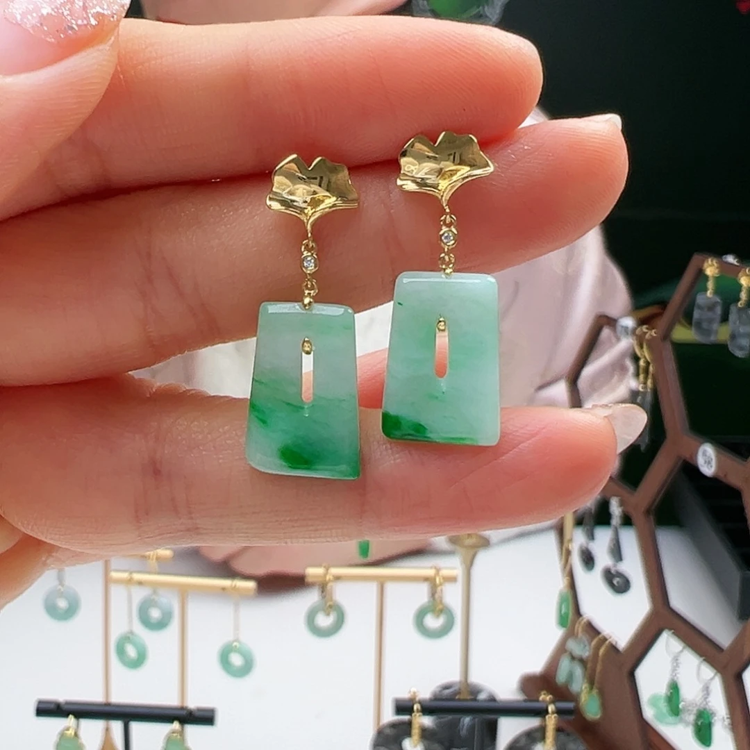 翡翠耳饰18K金镶嵌天然翡翠耳饰18k金镶嵌