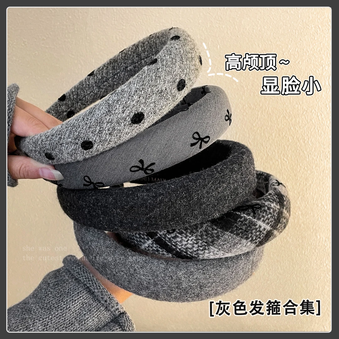 灰色格纹宽边蝴蝶结发饰女款高颅顶头箍日韩风原创设计合金材质无