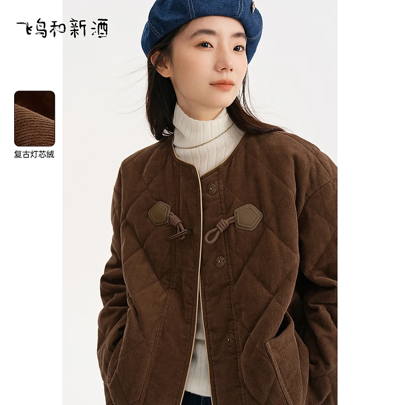 飞鸟和新酒复古灯芯绒棉服女冬保暖菱格美拉德棉外套FD470022016