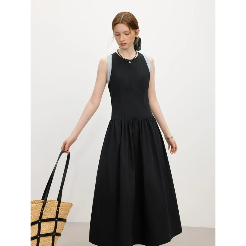 范思蓝恩腰精裙无袖背带连衣裙女2025夏季新款小黑裙25FS12759