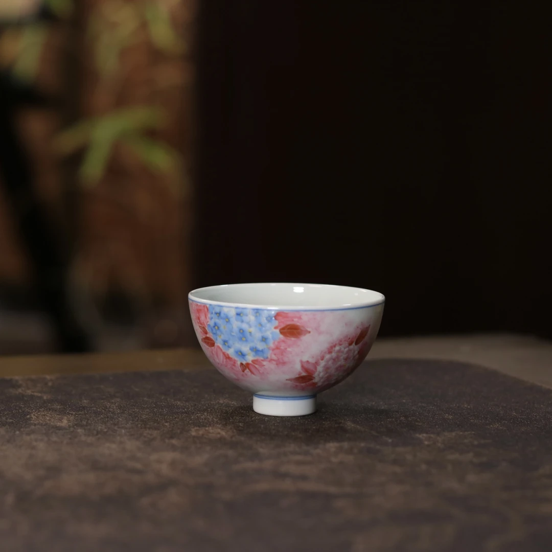 立勤堂 景德镇手绘宝石红绣球花主人杯茶杯 茶道茶具 75cc