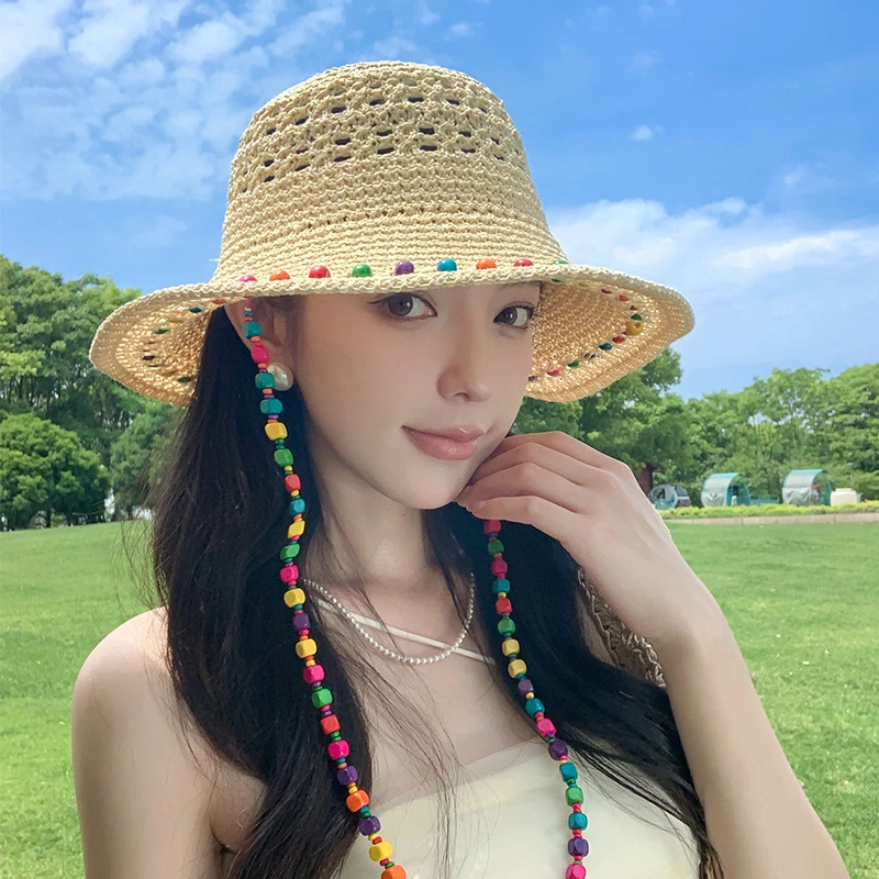 衣多芬泫雅风多巴胺木珠草帽女夏季镂空透气大檐遮阳帽户外沙滩度
