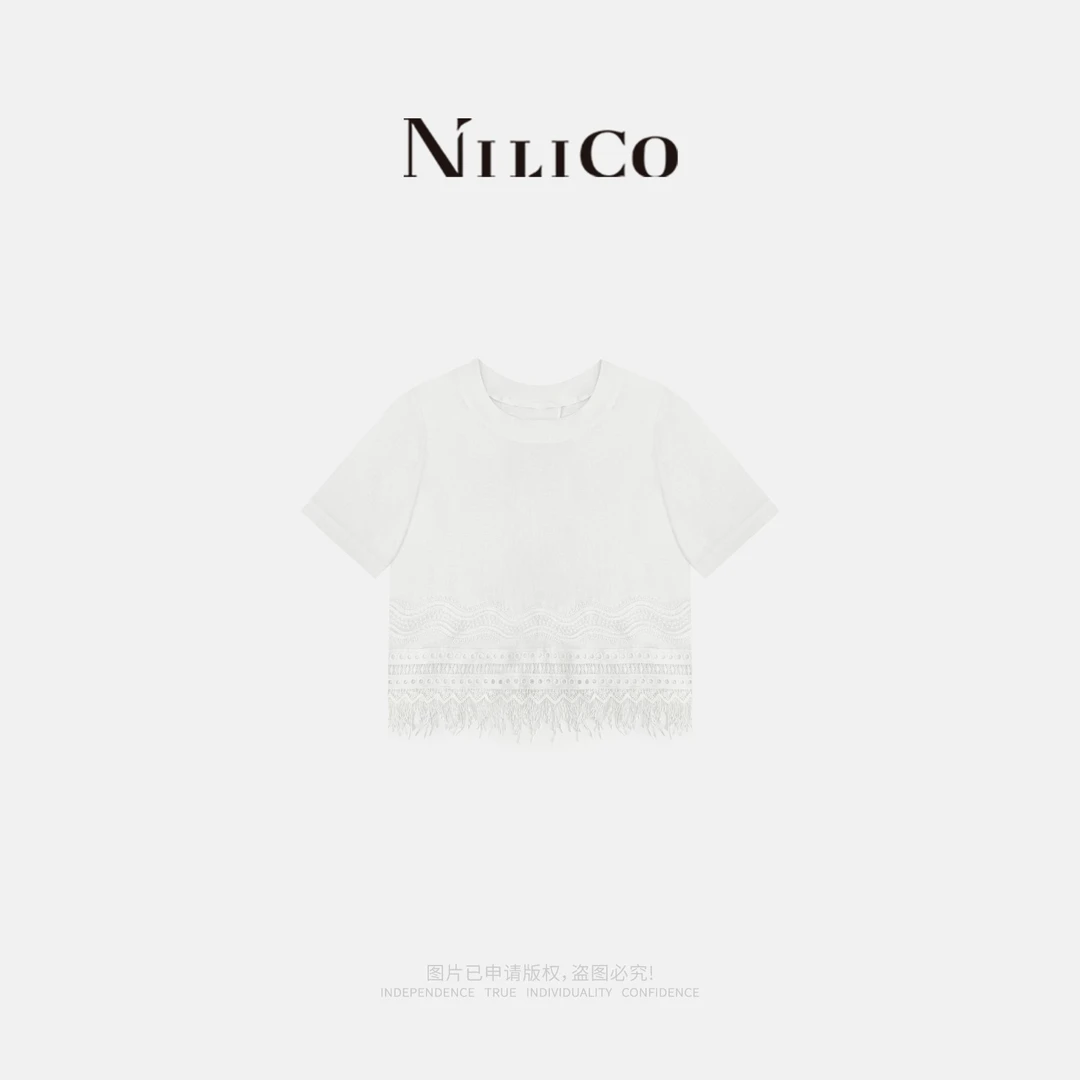 NILICO【甜梦少女】100%亚麻拼接苗丝流苏显瘦圆领上衣