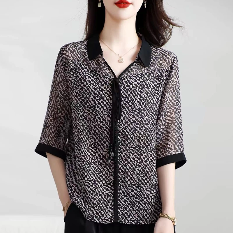 5552大码短袖上衣2025夏季新款千鸟格显瘦小衫洋气妈妈气质女装