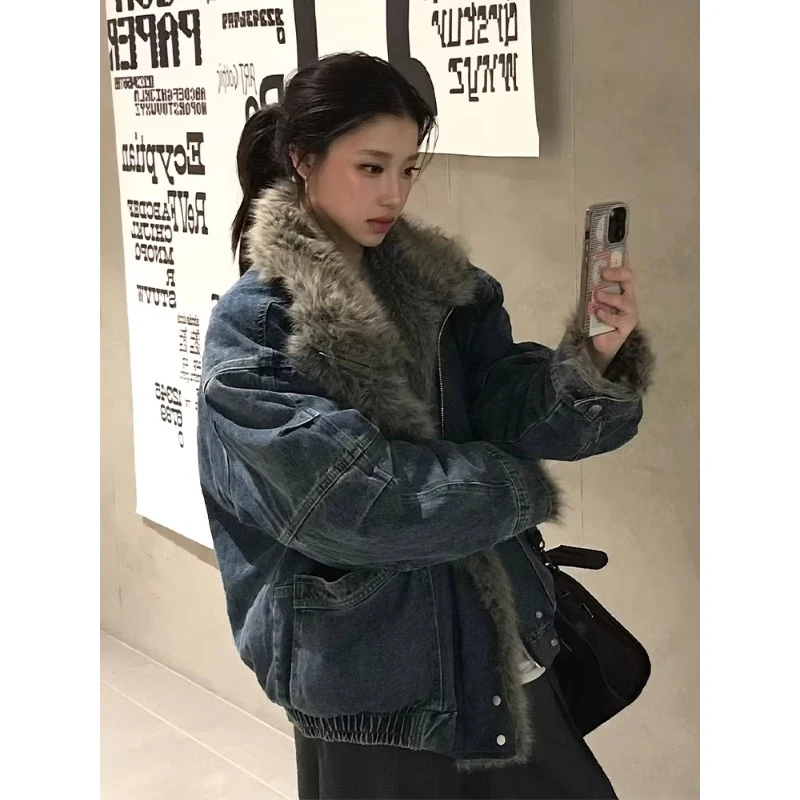 美式复古解构水洗毛领牛仔棉服男冬季加厚保暖座山雕短款夹克外套