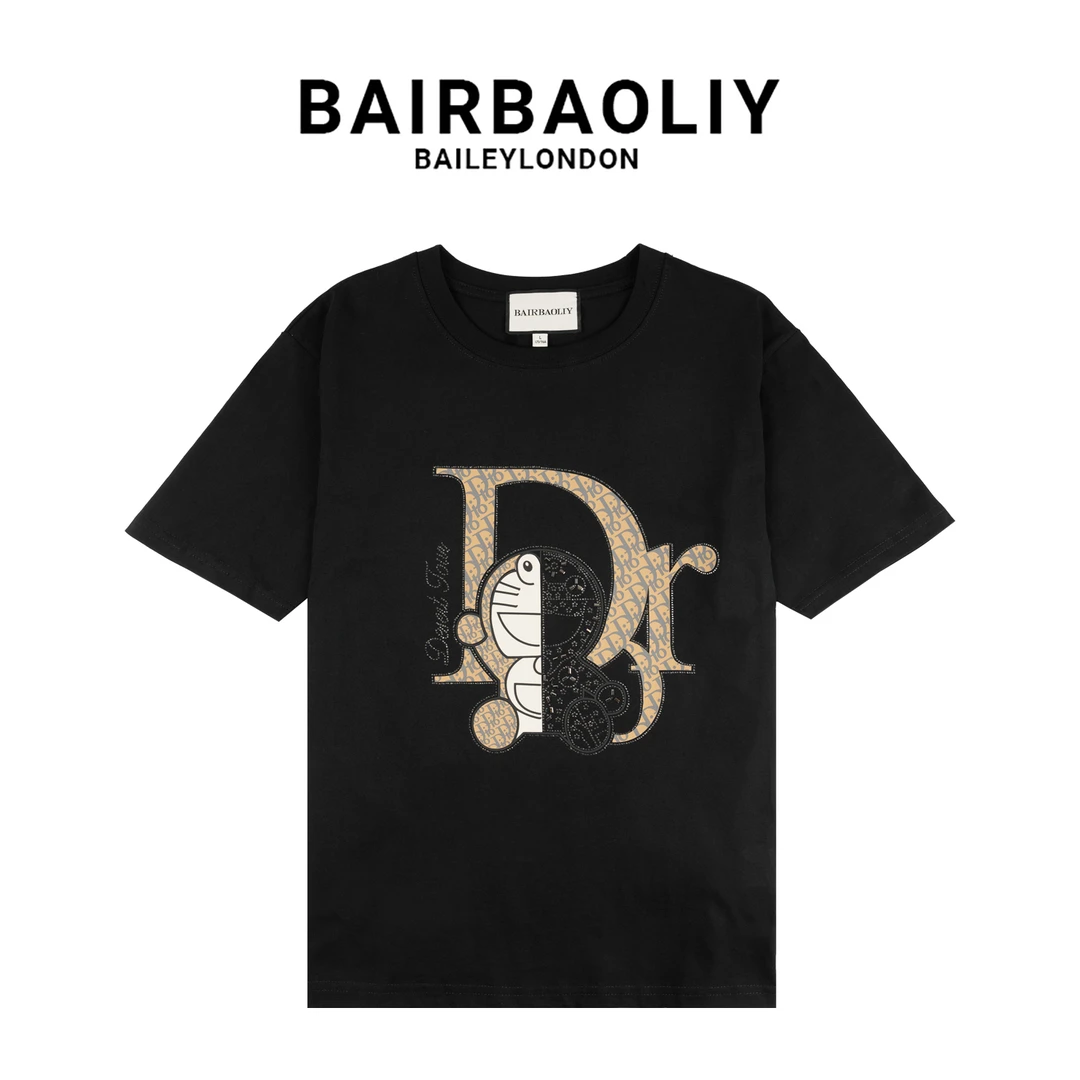 BAIRBAOLIY经典字母提花闪钻哆啦A梦联名款短袖T恤男女同款机器猫