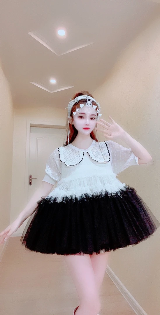 【面条家】7008##纱纱拼接针织蓬蓬连衣裙