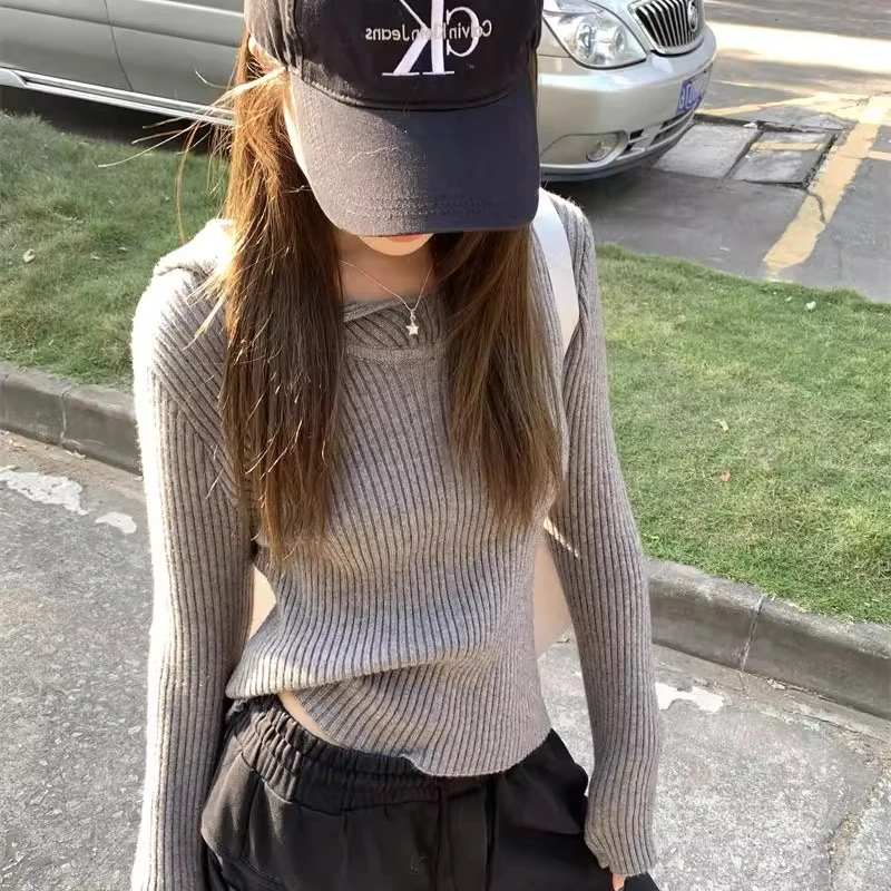 春秋100纯羊毛衫女显瘦坑条纯色连帽针织衫宽松洋气打底毛衣SZ923