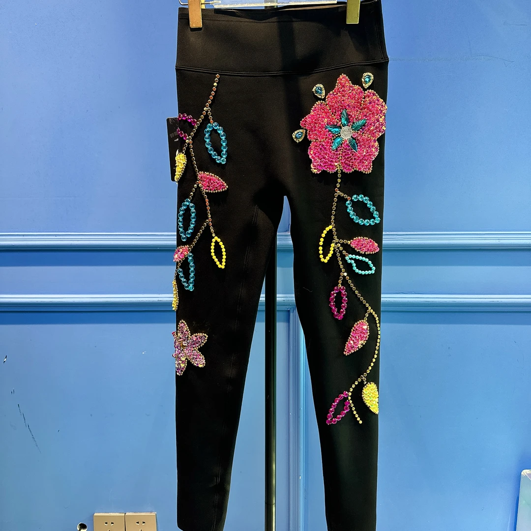 RR1858锐宝潮牌设计师款高腰显瘦重工刺绣花朵加绒修身打底裤