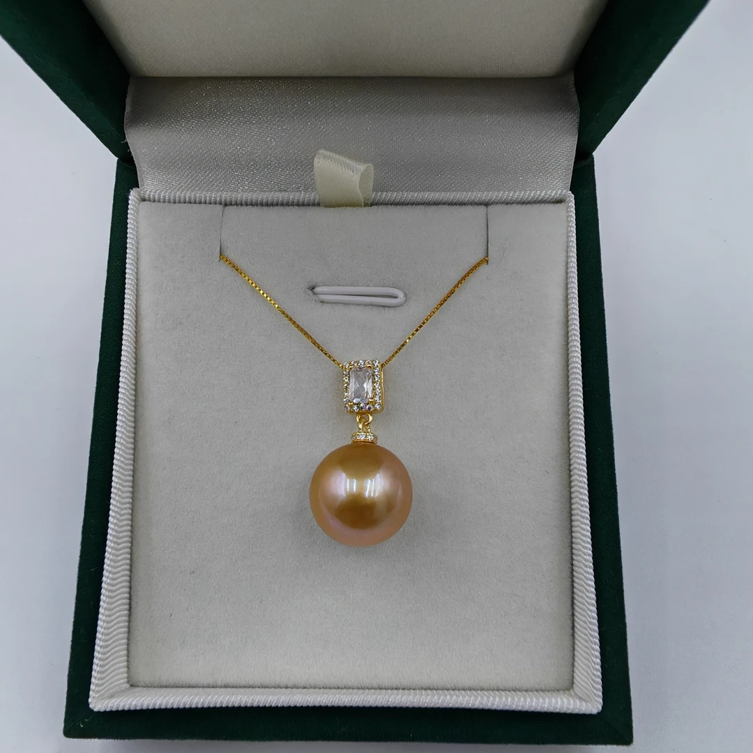 坠链均925银 【飛梵】13-14mm正圆极光浓金几乎无暇小方糖吊坠116