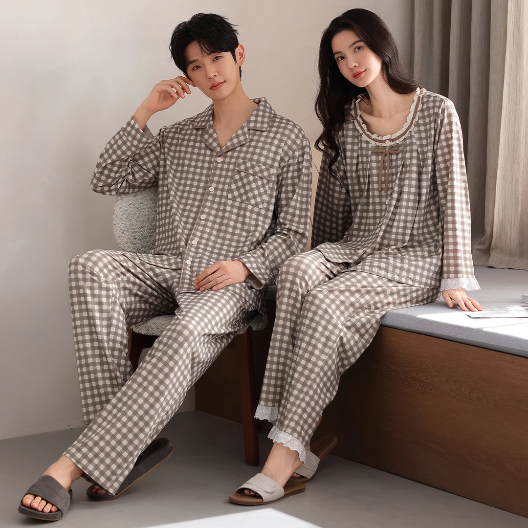 纯棉情侣睡衣春秋季100棉全棉长袖家居服休闲可外穿套装一男一女