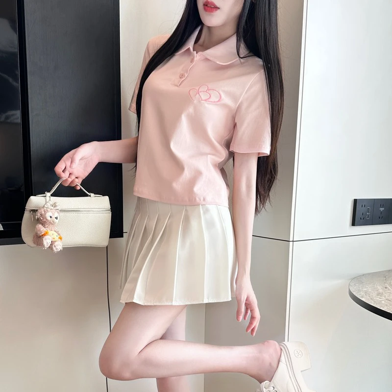 实拍实价   减龄刺绣Polo领短T恤上衣百搭显瘦百褶裙