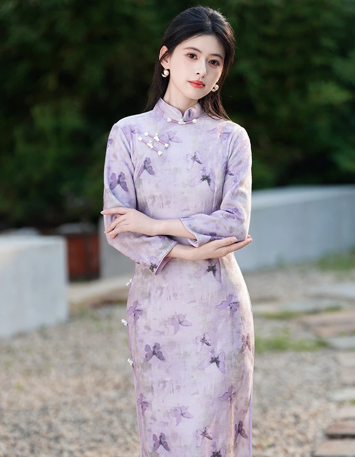 紫色复古旗袍2025年秋季新款高端修身年轻款少女连衣裙日常新中式