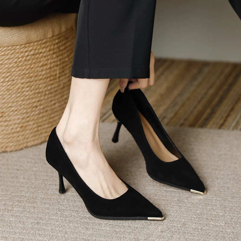 羊皮黑色尖头细跟3cm浅口中跟5厘米高跟女7春秋工作单鞋御姐