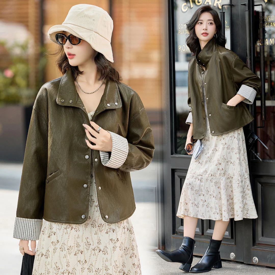 休闲立领水洗皮衣外套女条纹拼接袖口2025秋季新百搭时尚减龄夹克