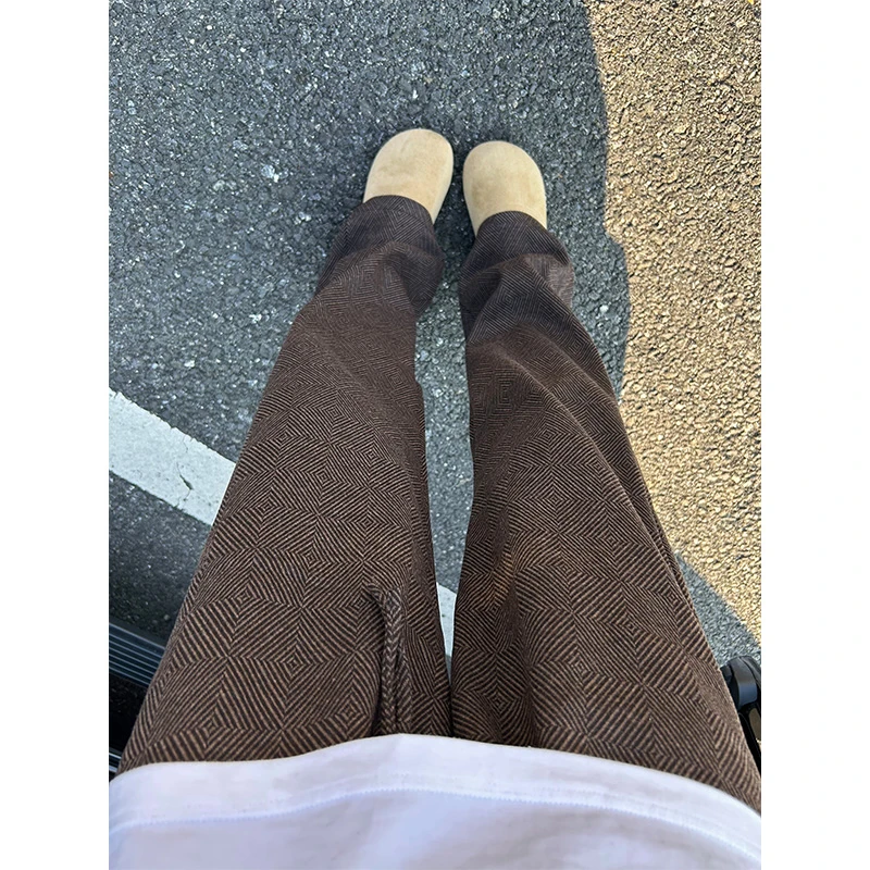 美式复古咖色菱格人字纹裤子男款秋冬季慵懒风直筒拖地裤休闲长裤