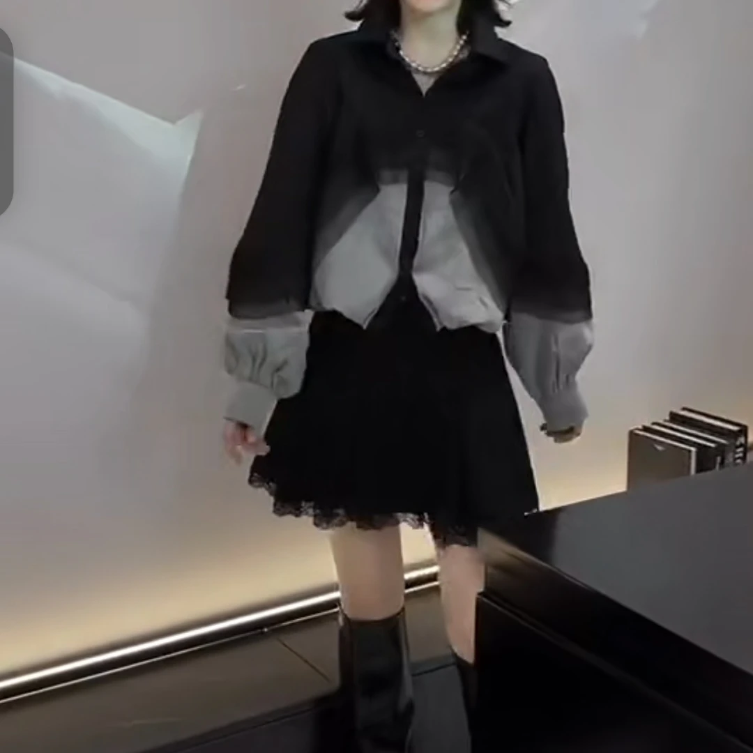 春季网纱拼接牛仔衬衫翻领长袖时尚上衣2025夏季欧若风新款