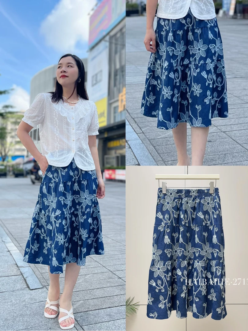 海百合垂坠感蓝色刺绣显瘦半身裙2713#