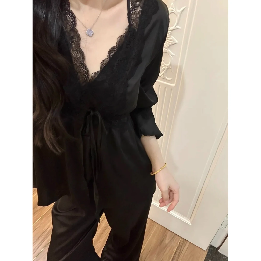 法式纯欲风蕾丝边V领冰丝睡衣女春秋季2025新款家居服大码三件套