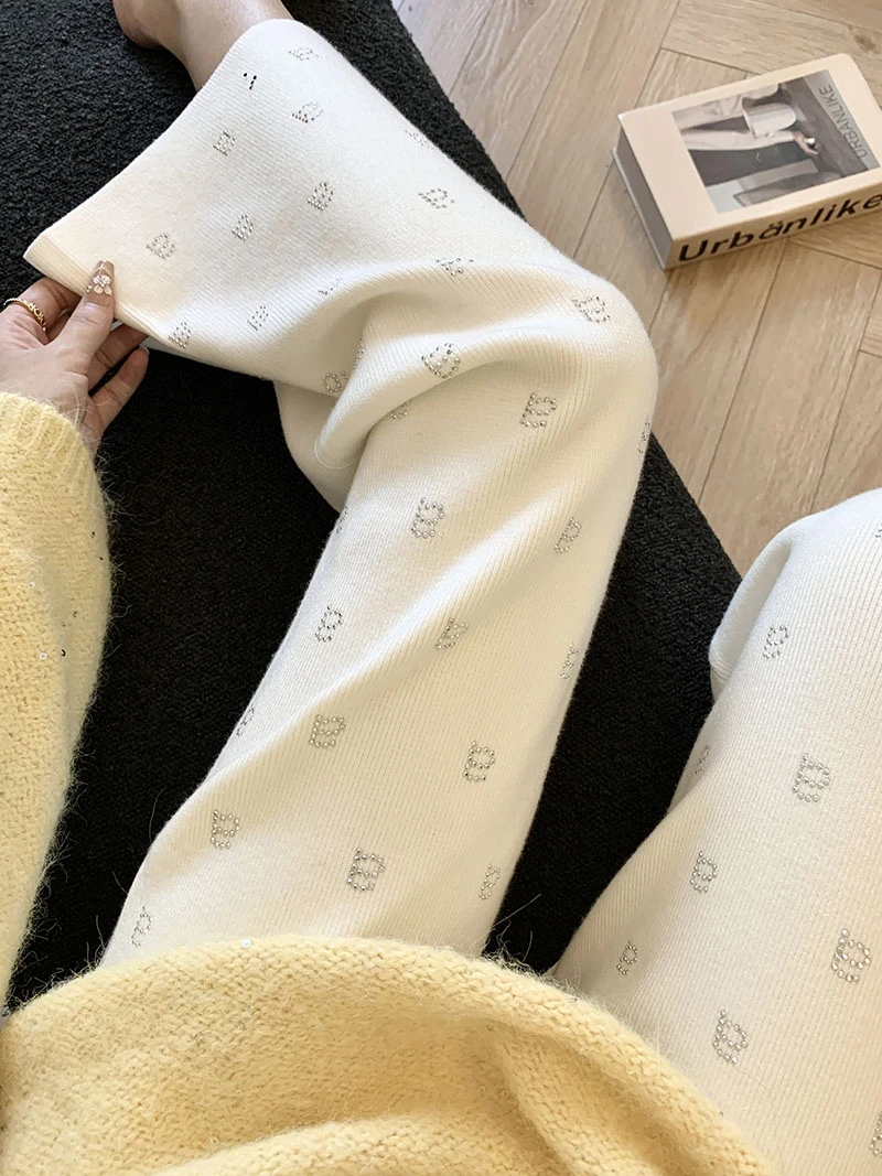 时髦烫钻高腰阔腿裤女秋冬季韩版设计感字母针织垂感宽松直筒裤潮