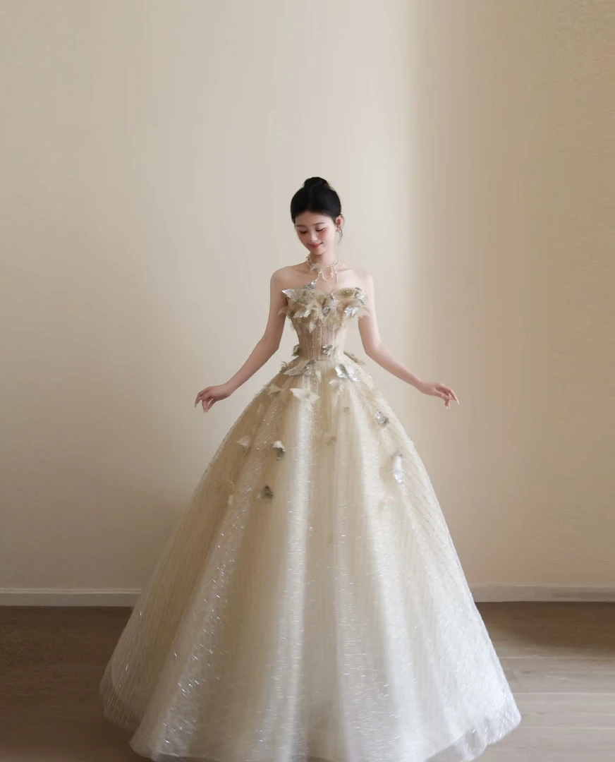 2025夏款轻奢简约金钻蝴蝶中腰礼服新娘生日轻熟风芭蕾风