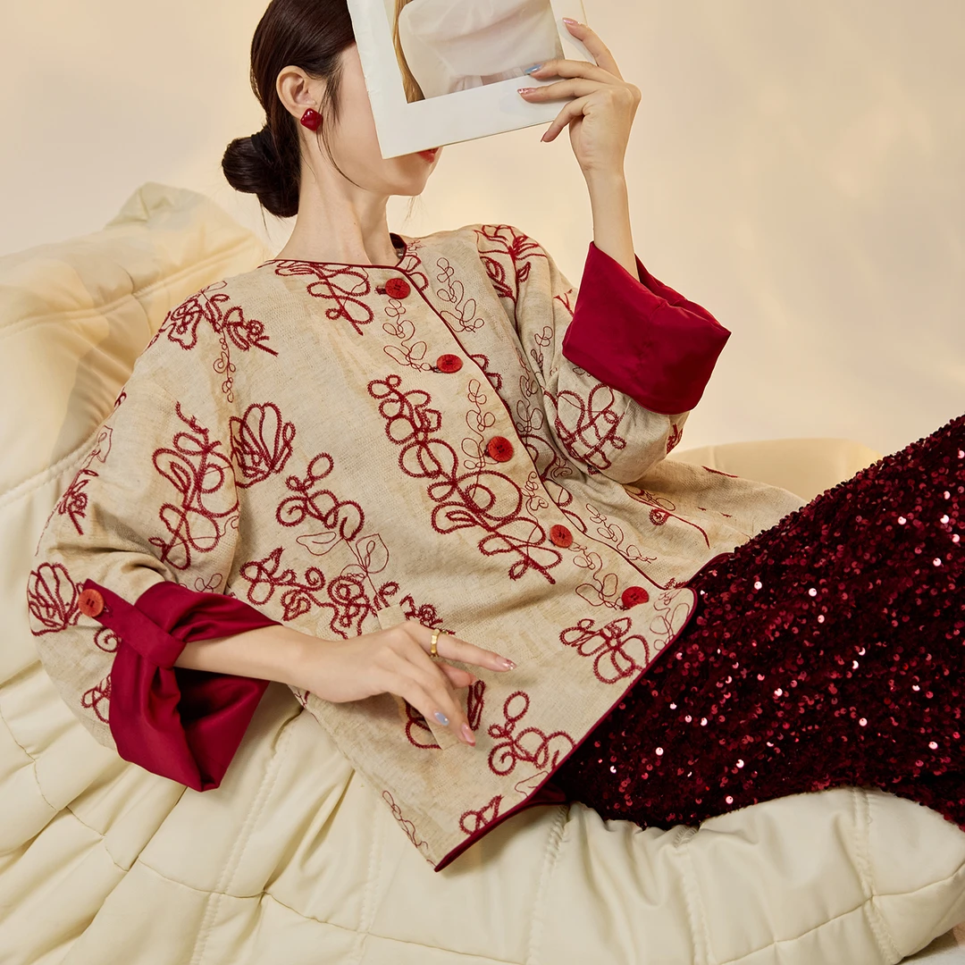 新中式圆领长袖花朵刺绣设计外套国风宽松时尚感轻奢上衣女 N7047