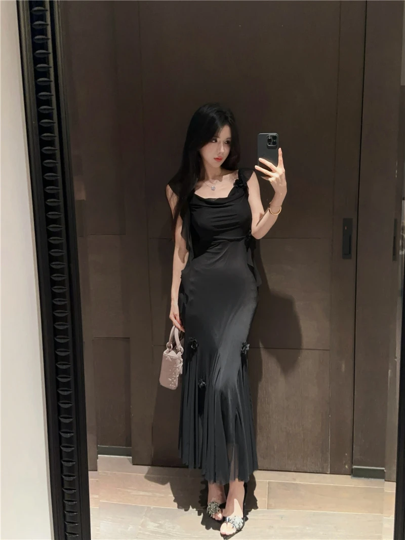 法式复古小飞袖吊带连衣裙夏2025新款收腰显瘦绝美纯欲气质长裙女