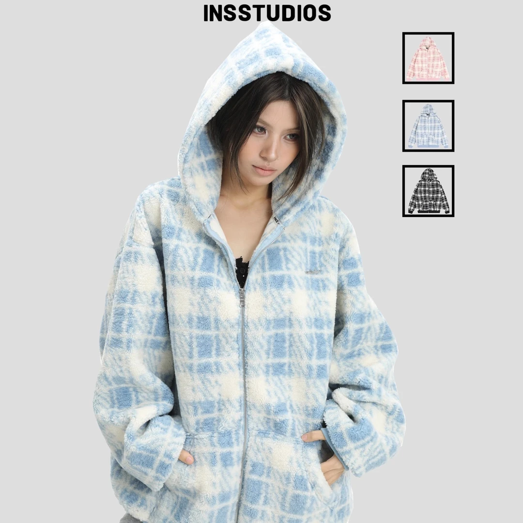INSstudios国潮情侣美式毛绒格子连帽开衫卫衣宽松春秋拉链外套
