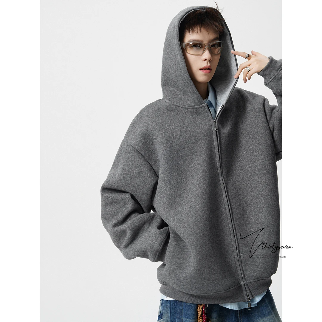 V37美式青少年廓形双拉链卫衣开衫男秋高街撞色宽松运动连帽外套