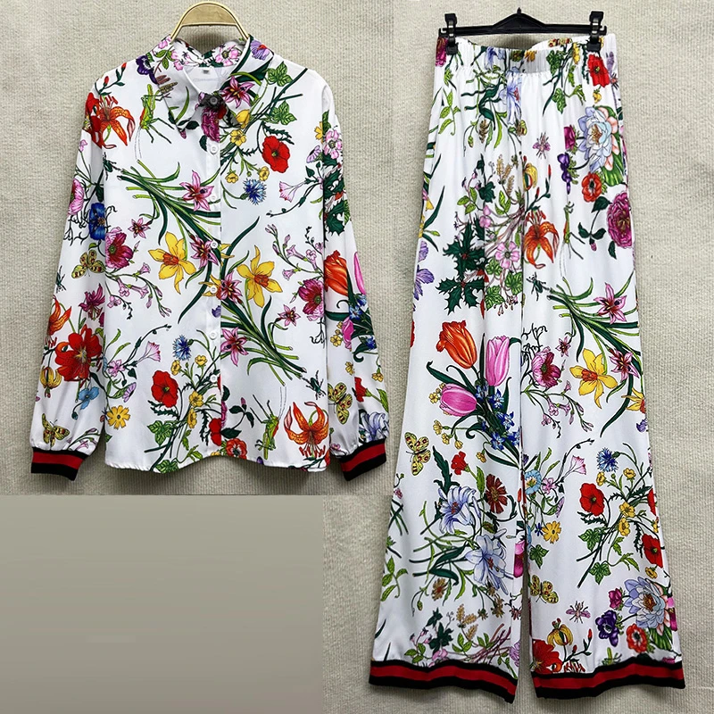 新款女装POLO领长袖宽松印花上衣+高腰印花松紧腰休闲裤两件套