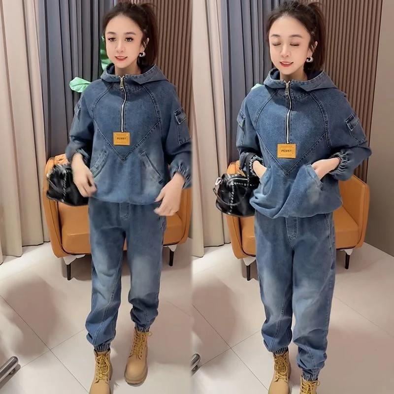 连帽2025新款时尚春季牛仔套装女洋气宽松大码简约休闲减龄两件套