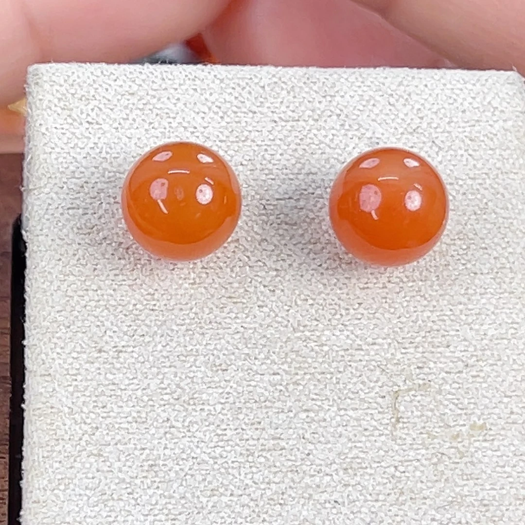 南红玛瑙未镶嵌保山柿子红单珠耳钉8mm