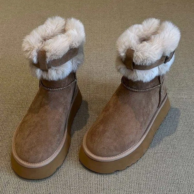 棉鞋厚底短靴毛毛雪地靴扣带雪地靴女款新款加绒加厚保暖短筒棉靴