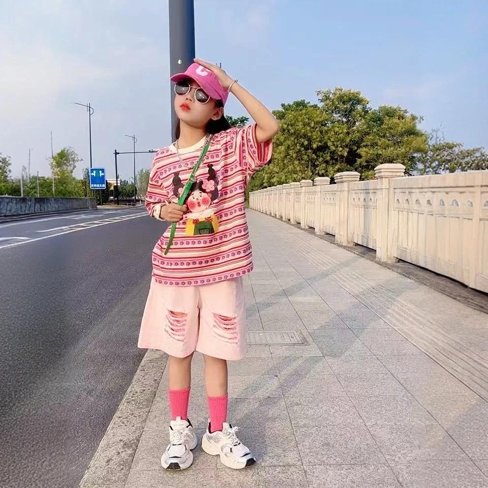 女童条纹短袖T恤套装25夏季新款女宝小众时尚上衣高腰短裤两件套