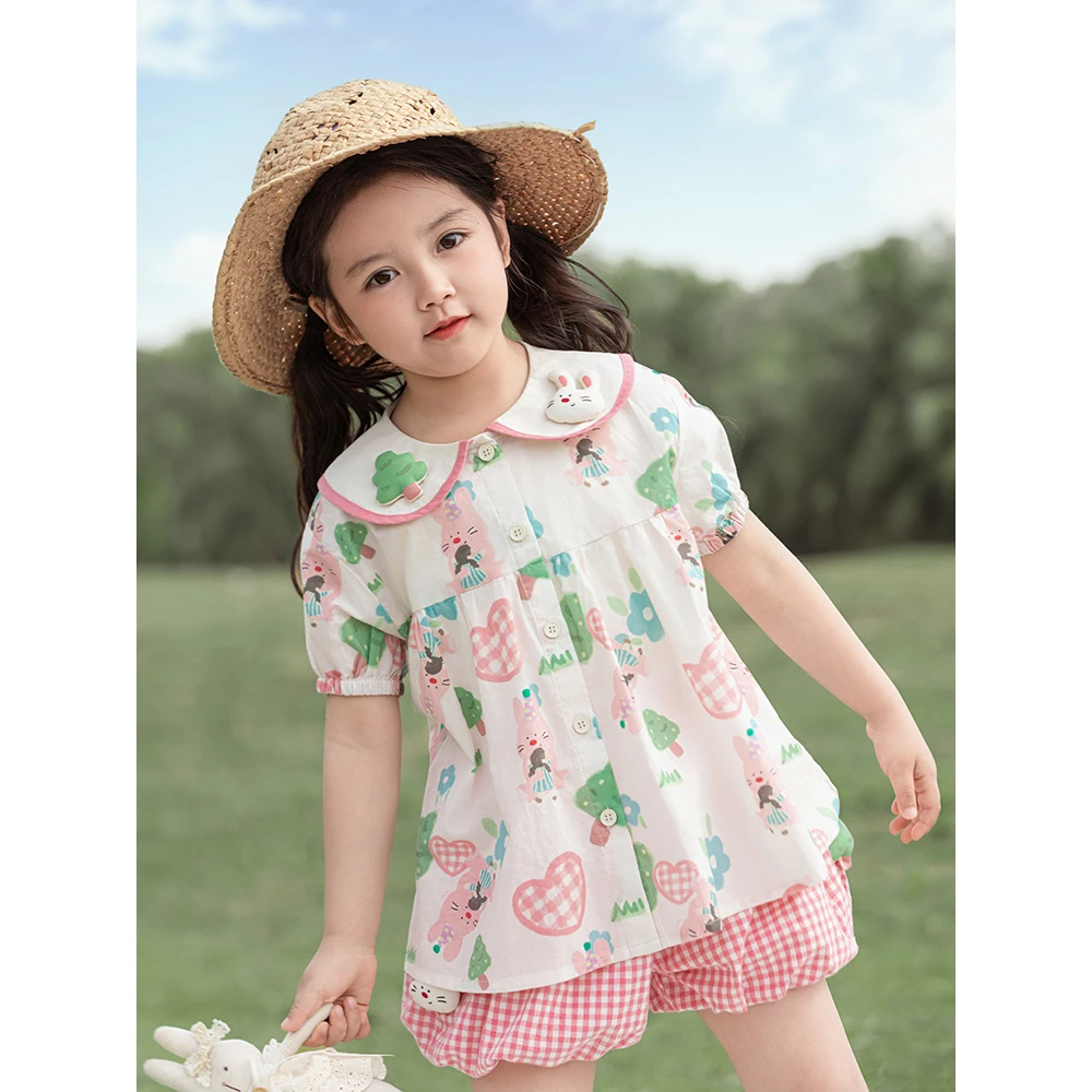 幼悠女童夏装田园风兔子小树短袖衬衫可爱超萌儿童森系服装X4970