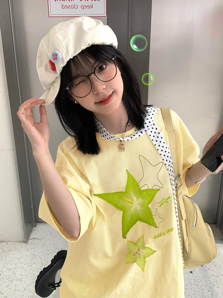 甜美正肩大码纯棉短袖T恤女学生夏季ins原宿风印花圆领宽松上衣潮