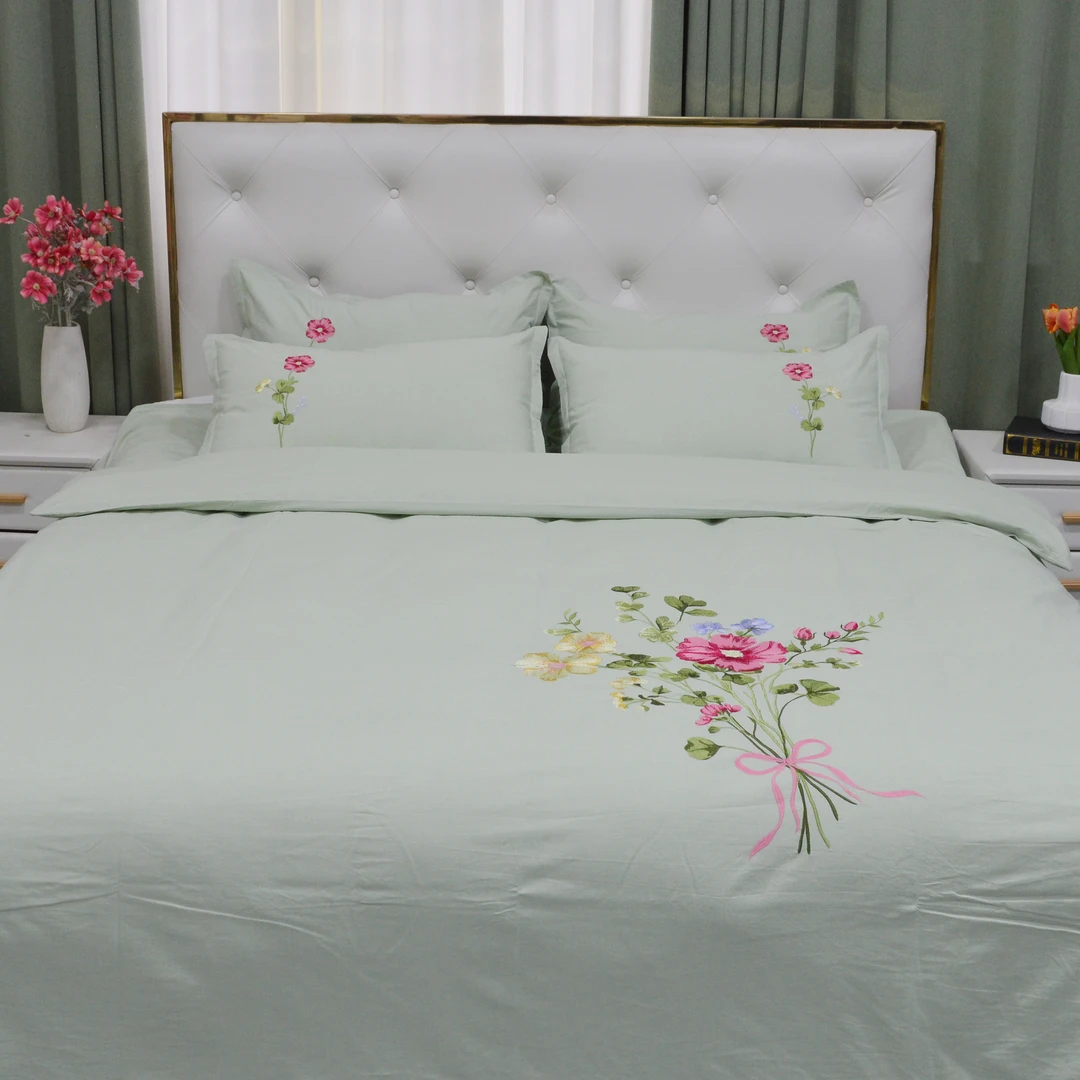 绣花色织纯棉单支花束被套床单枕套