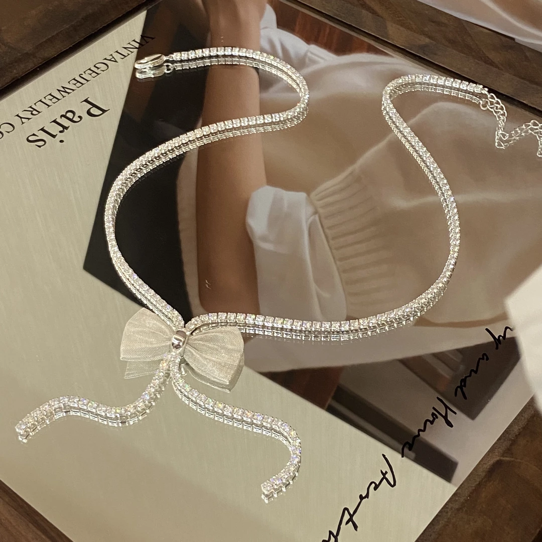 铜合金锆石项链 镀K金 网纱蝴蝶结 搭配礼服轻奢项链X8236