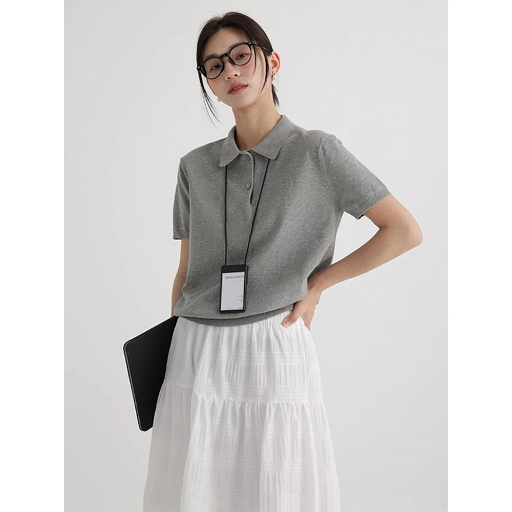 Polo领高级感灰色百搭女夏季新款针织衫T恤简约休闲短袖薄款上衣