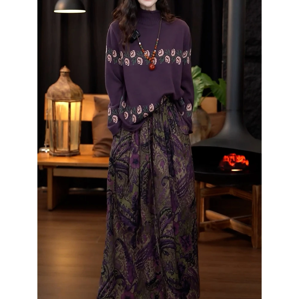 时尚洋气裙套装女2025冬季新款半高领休闲减龄针织衫+印花半身裙