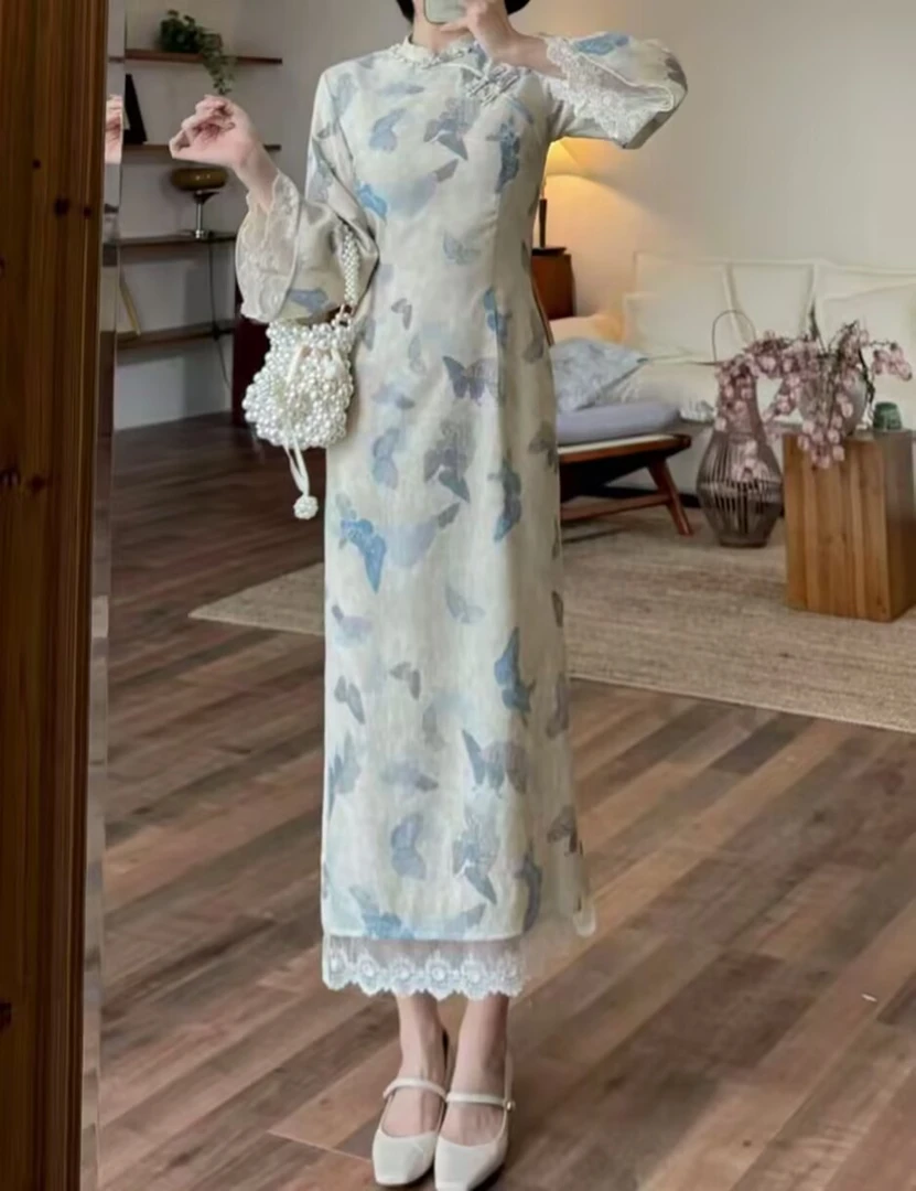 蕾英俊-蝴蝶引-秋季新款复古新中式蝴蝶印花改良旗袍-JF6598M