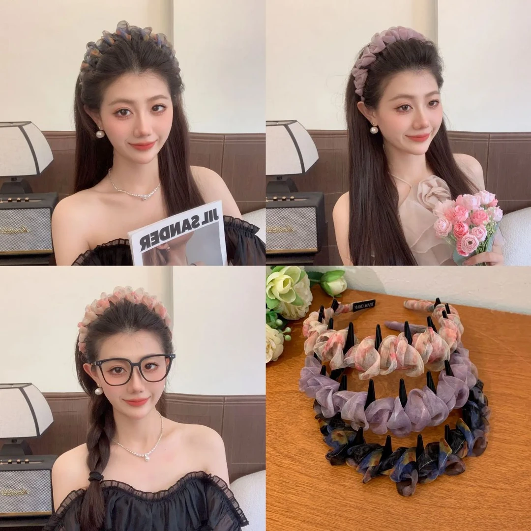 【2025新款炫彩渐变】超仙褶皱网纱波浪发箍女夏季带齿防滑高颅顶