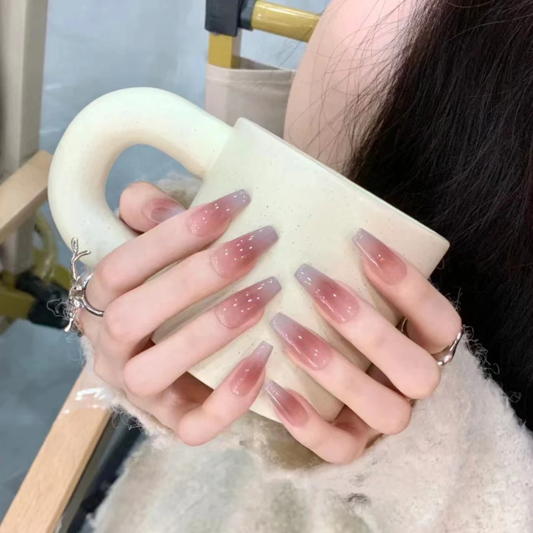 春夏长款手工穿戴甲工厂批发腮红渐变灰美甲甲片成品穿戴式指甲贴