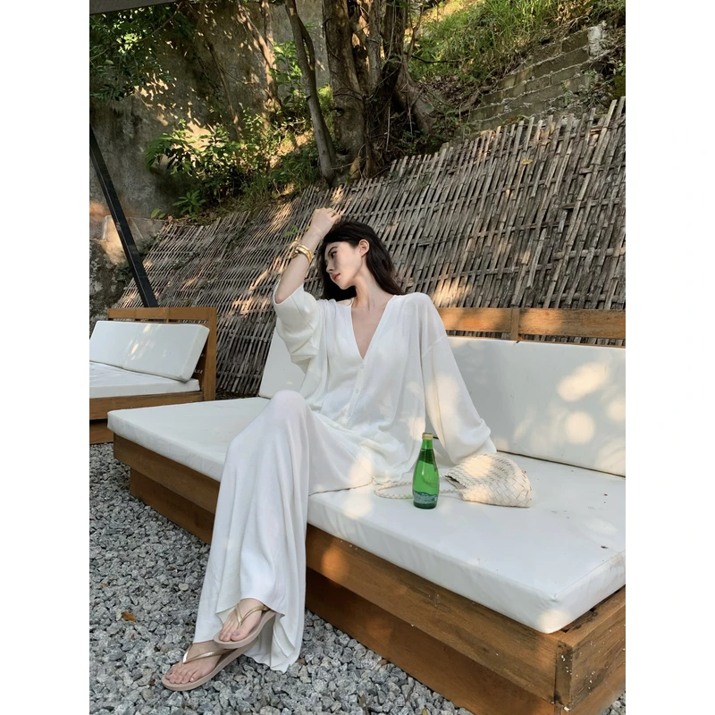 老钱风慵懒穿搭套装女V领宽松显瘦针织开衫+简约百搭半身长裙新款