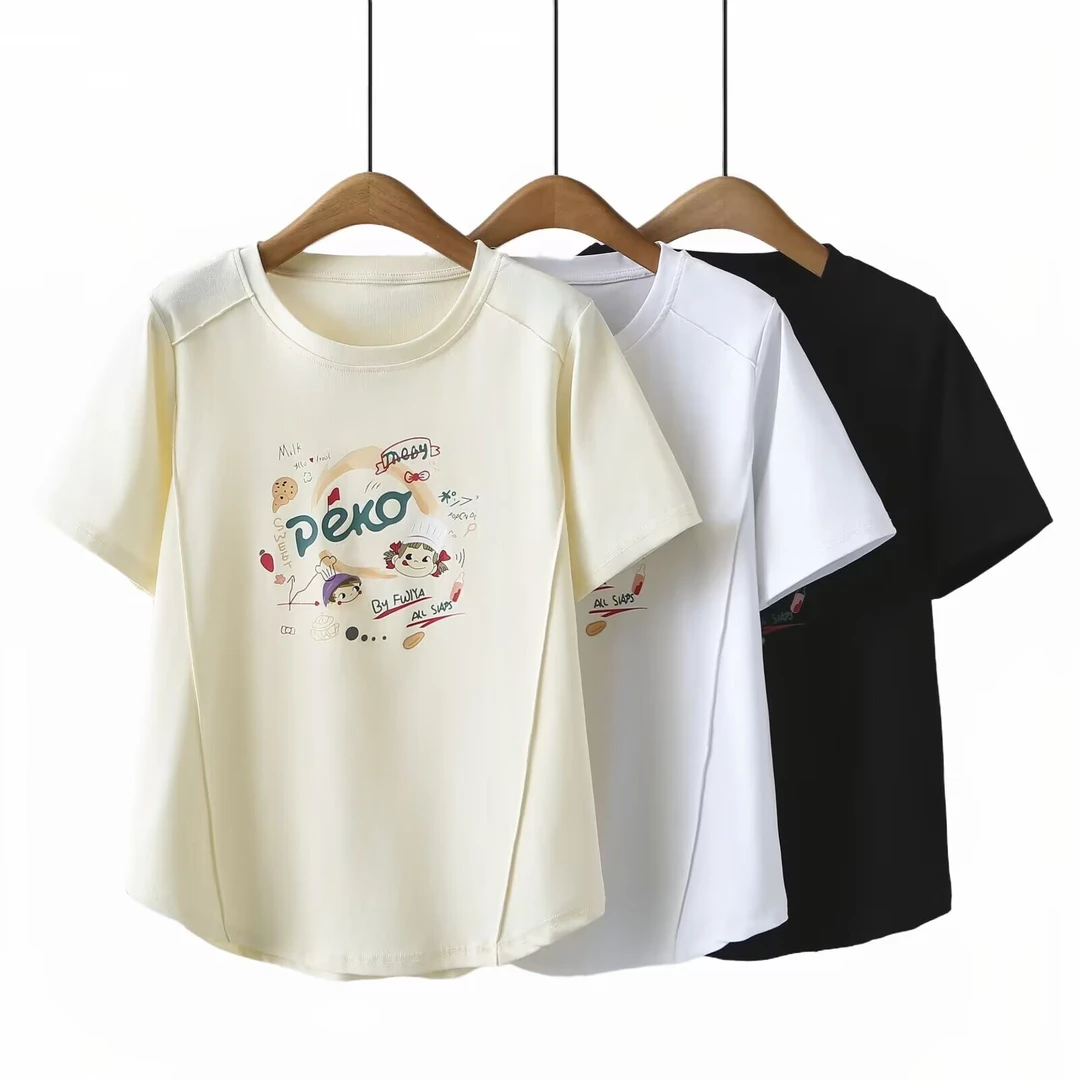 2025夏季新款大码百搭减龄宽松显瘦卡通动漫设计感印花圆领短袖