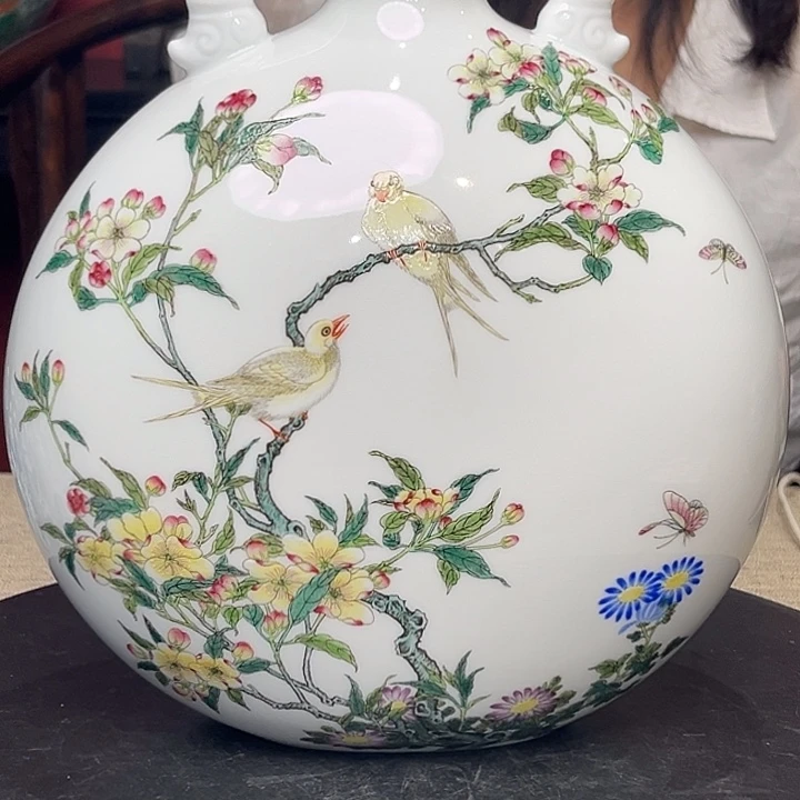 彼***岸瓶珐琅彩花鸟卷云耳抱月瓶