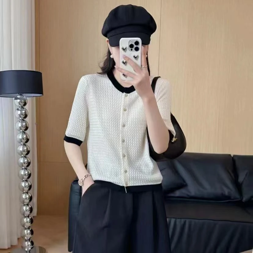 ROUHAN桑蚕丝短袖圆领针织开衫春夏季纯色麻花羊毛外套宽松上衣女