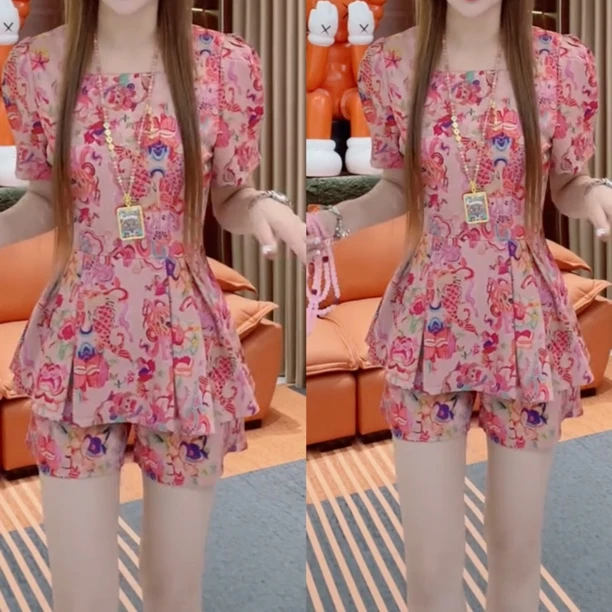 2025夏季新款气质减龄蝴蝶结装饰短袖收腰上衣搭高腰短裤俩件套女